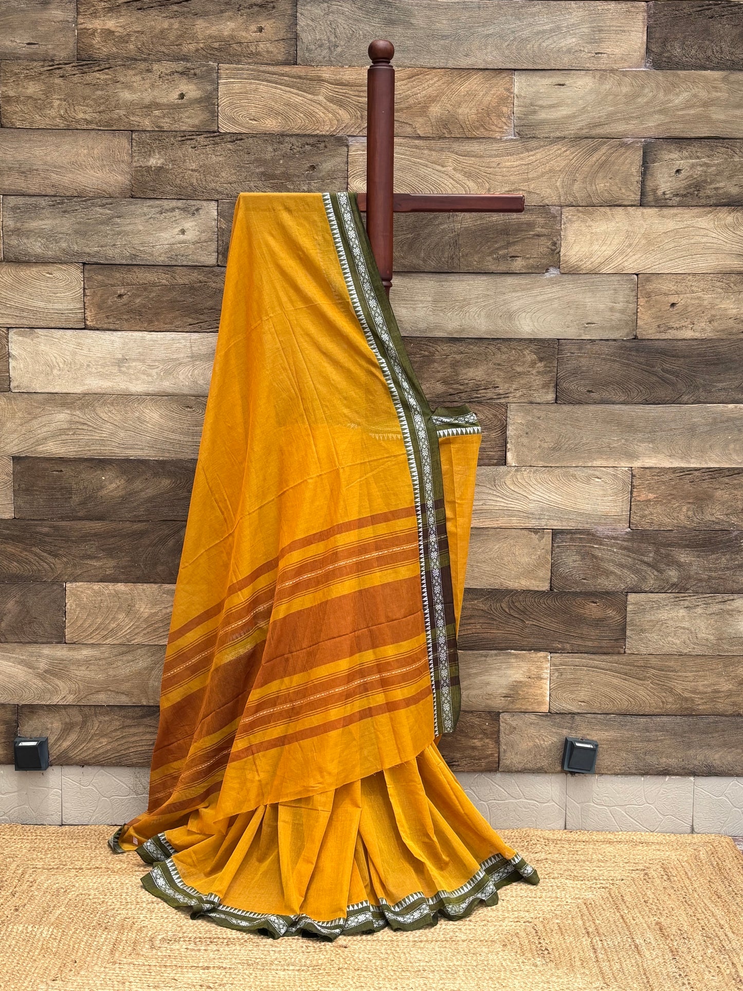 Mustard yellow Dhonekhali Pure Cotton Saree
