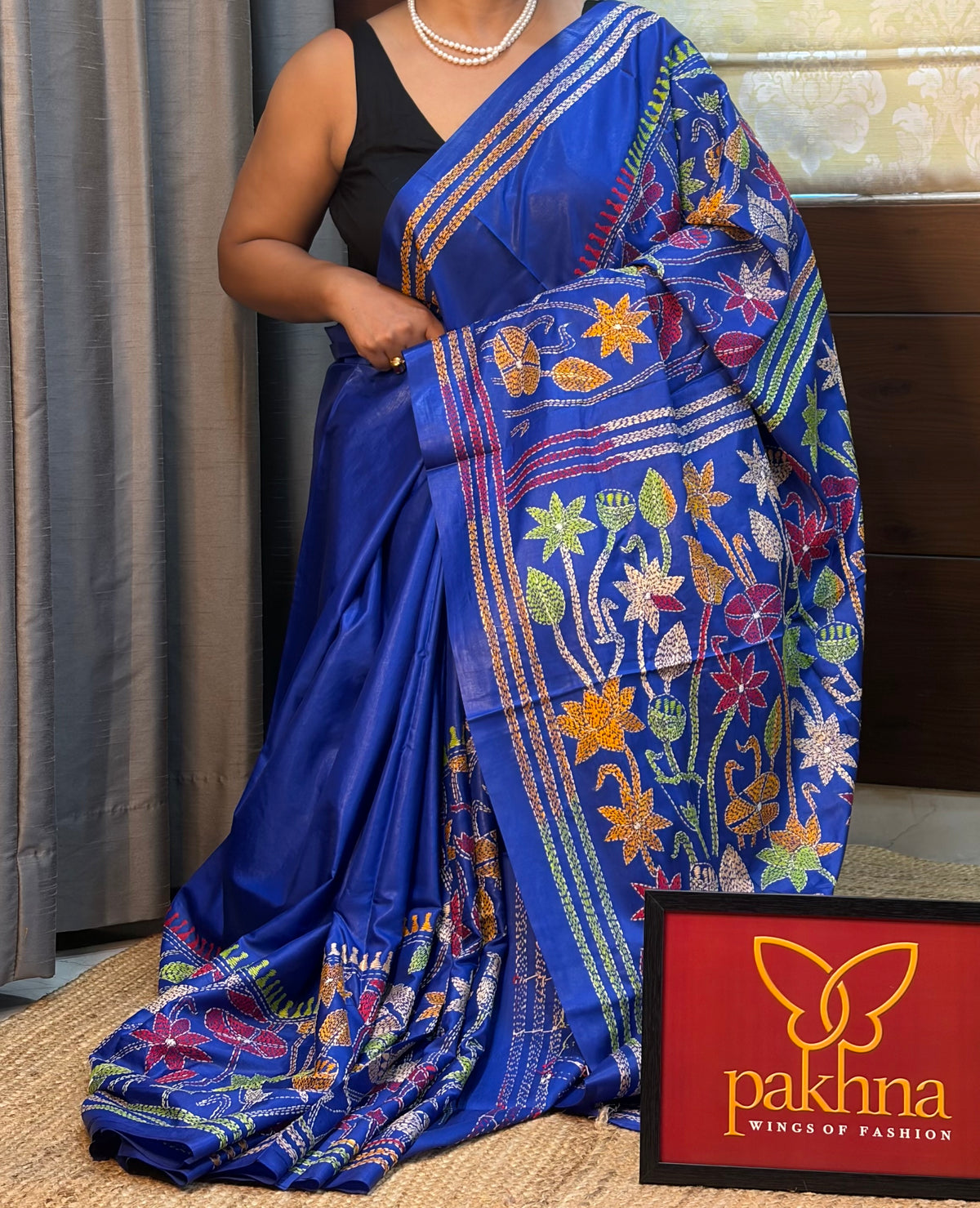 Pakhna Blue Handcrafted Kantha Stich Saree