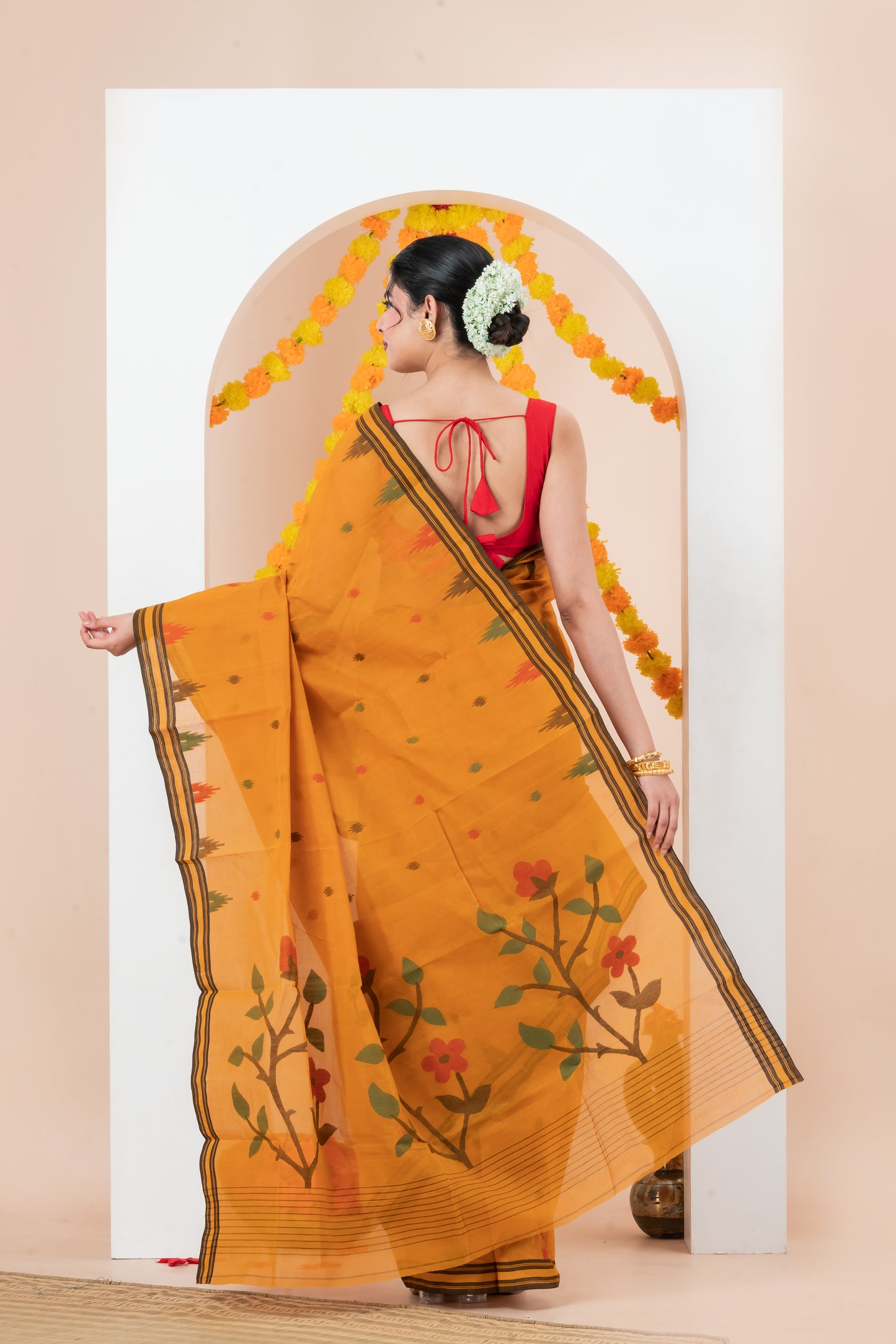 Mustard Yellow  Pure Cotton Jamdani Saree