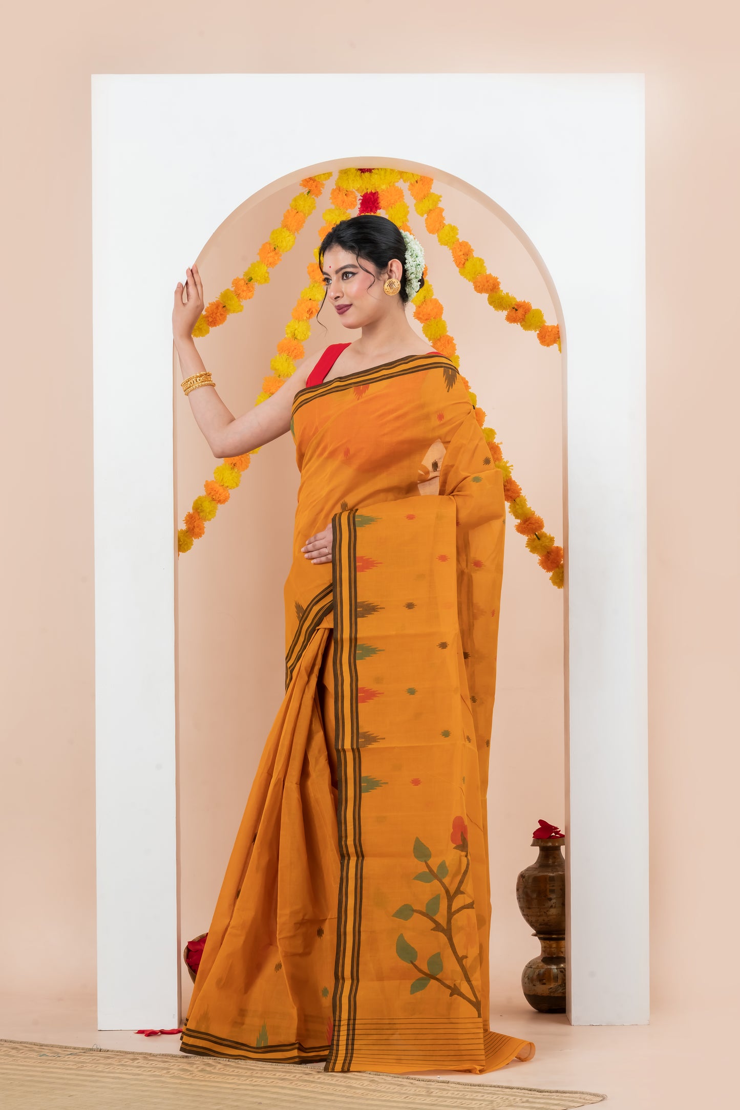 Mustard Yellow  Pure Cotton Jamdani Saree