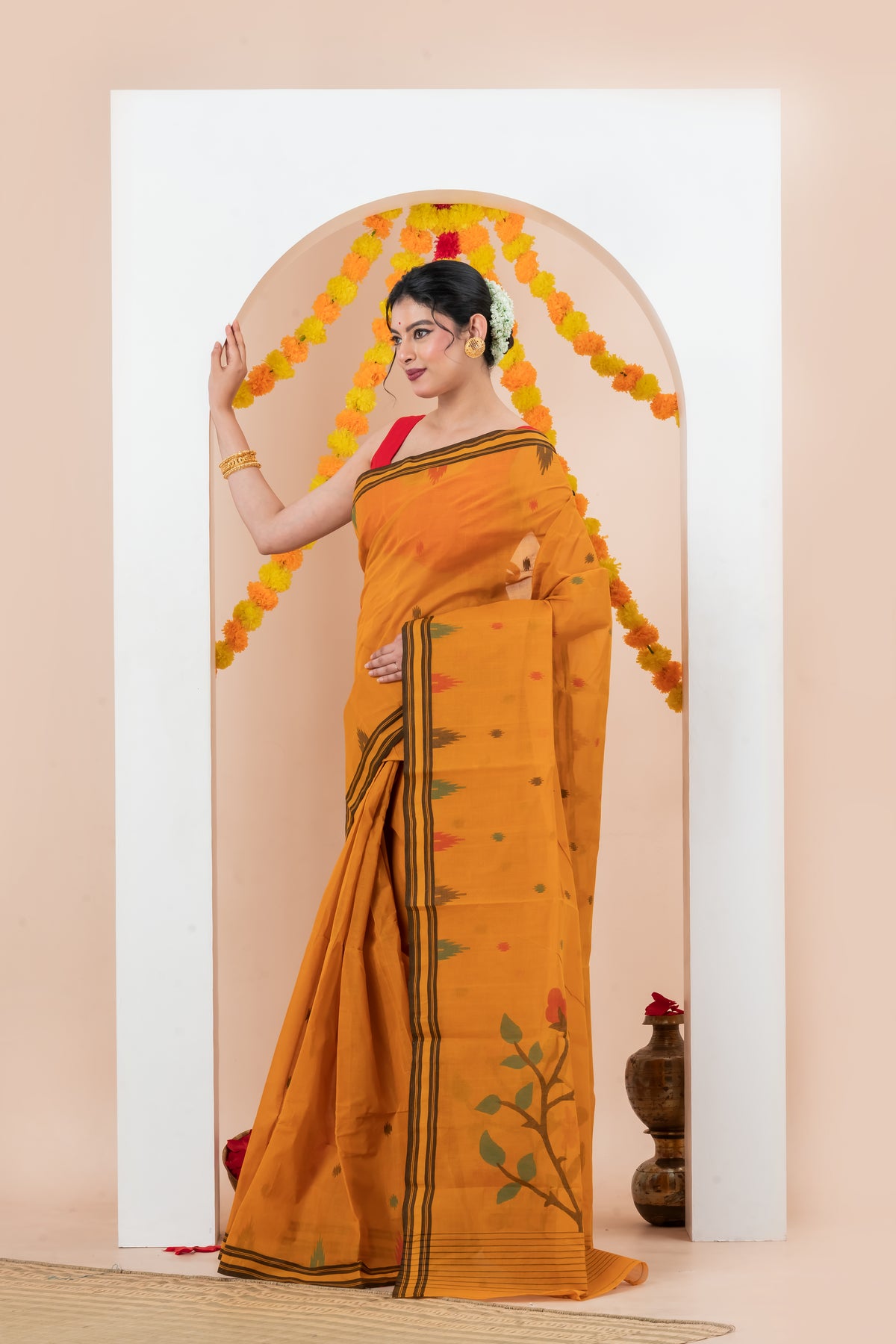 Mustard Yellow  Pure Cotton Jamdani Saree