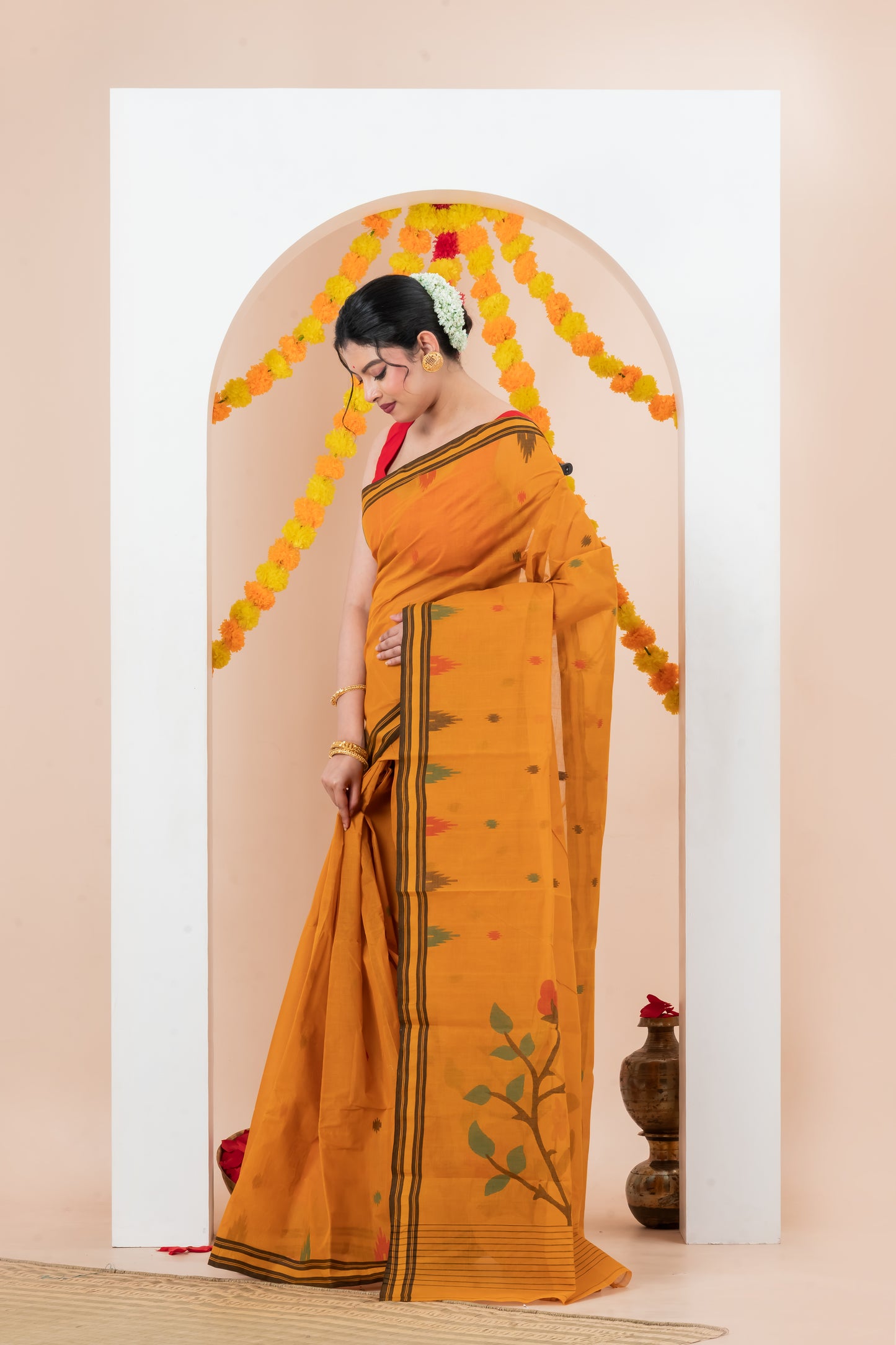 Mustard Yellow  Pure Cotton Jamdani Saree
