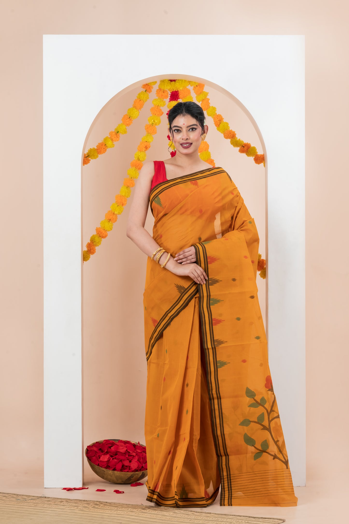 Mustard Yellow  Pure Cotton Jamdani Saree