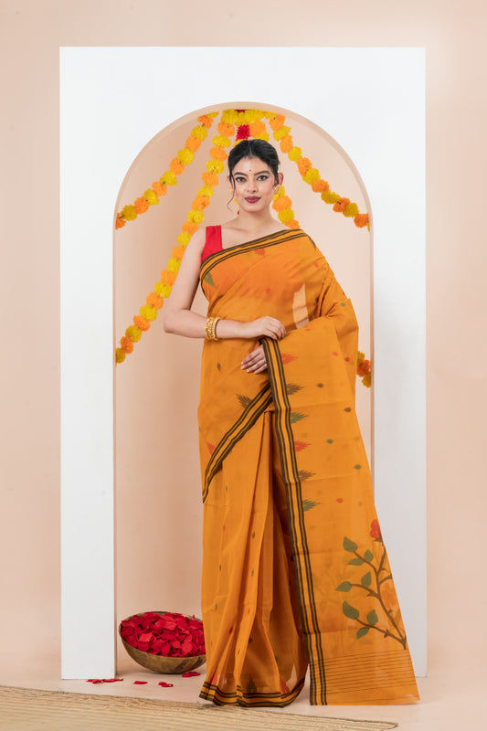 Mustard Yellow  Pure Cotton Jamdani Saree