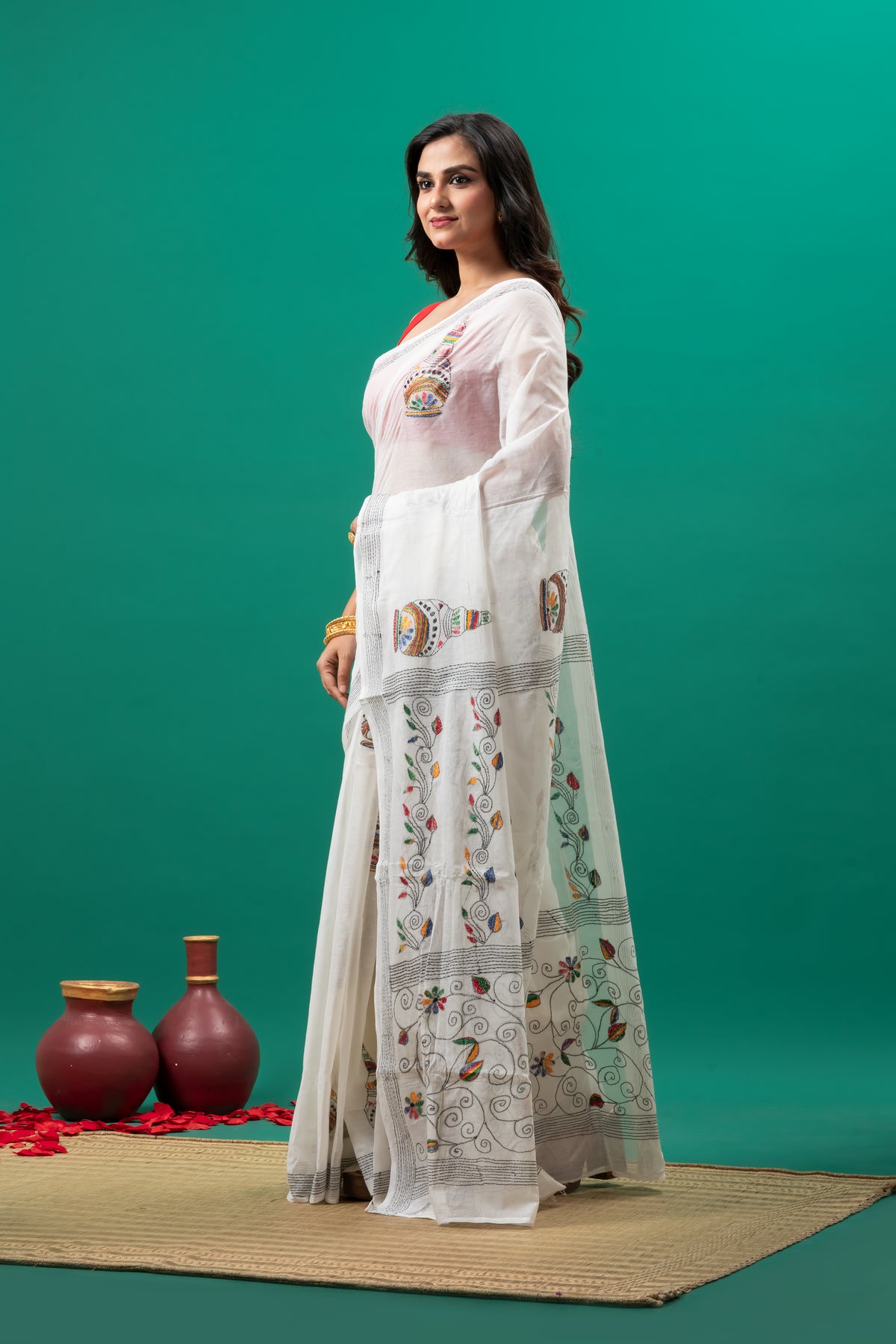 White pure cotton kantha Hand stitch saree