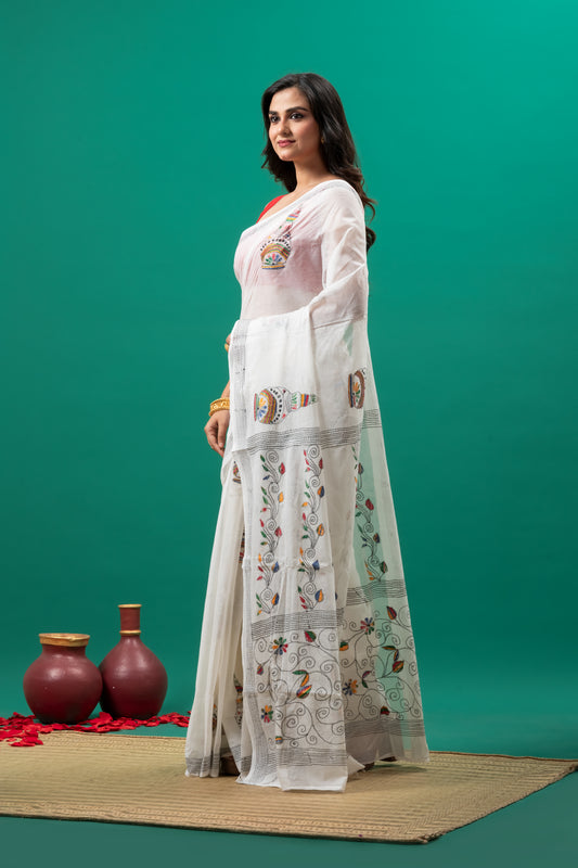 White pure cotton kantha Hand stitch saree