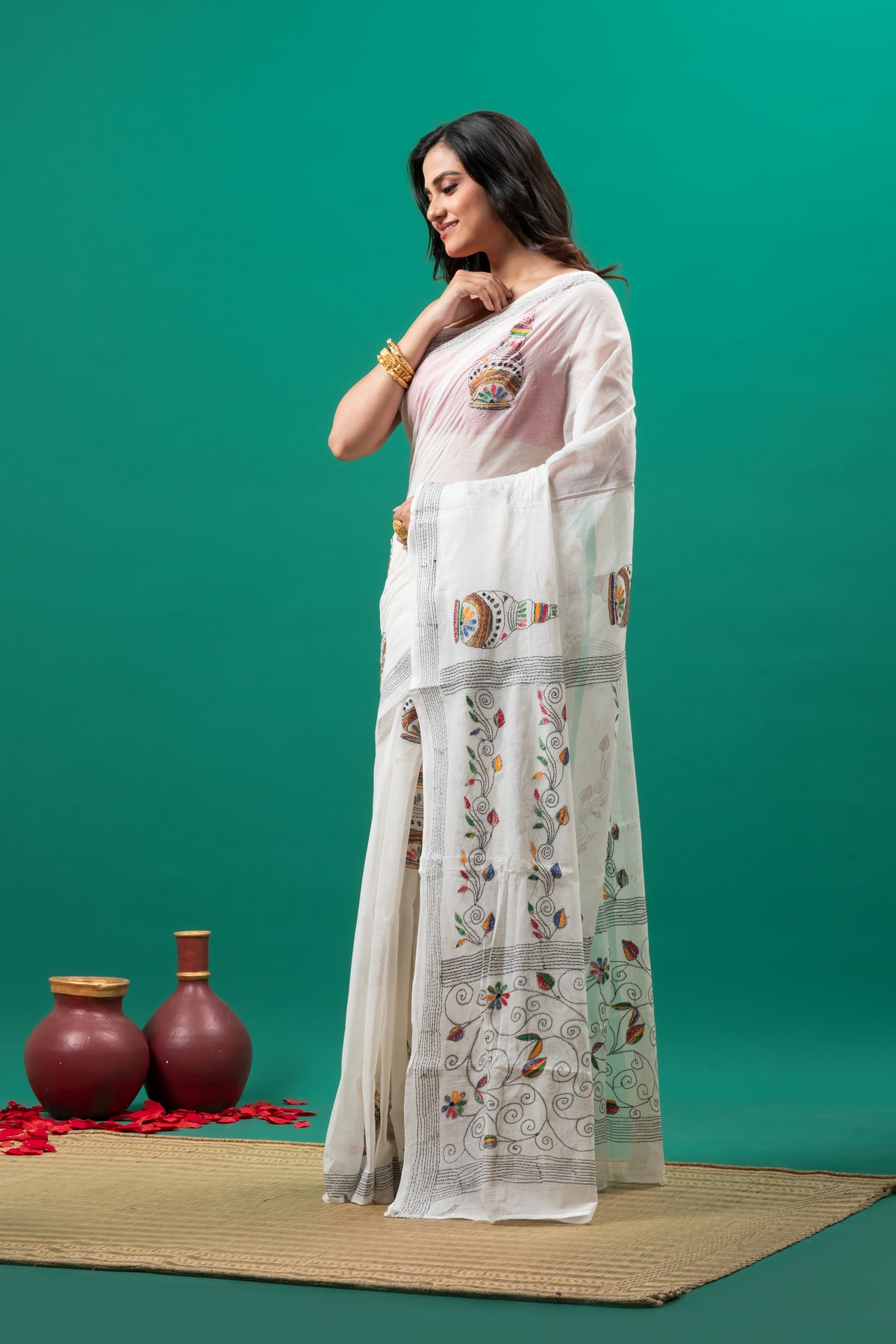 White pure cotton kantha Hand stitch saree