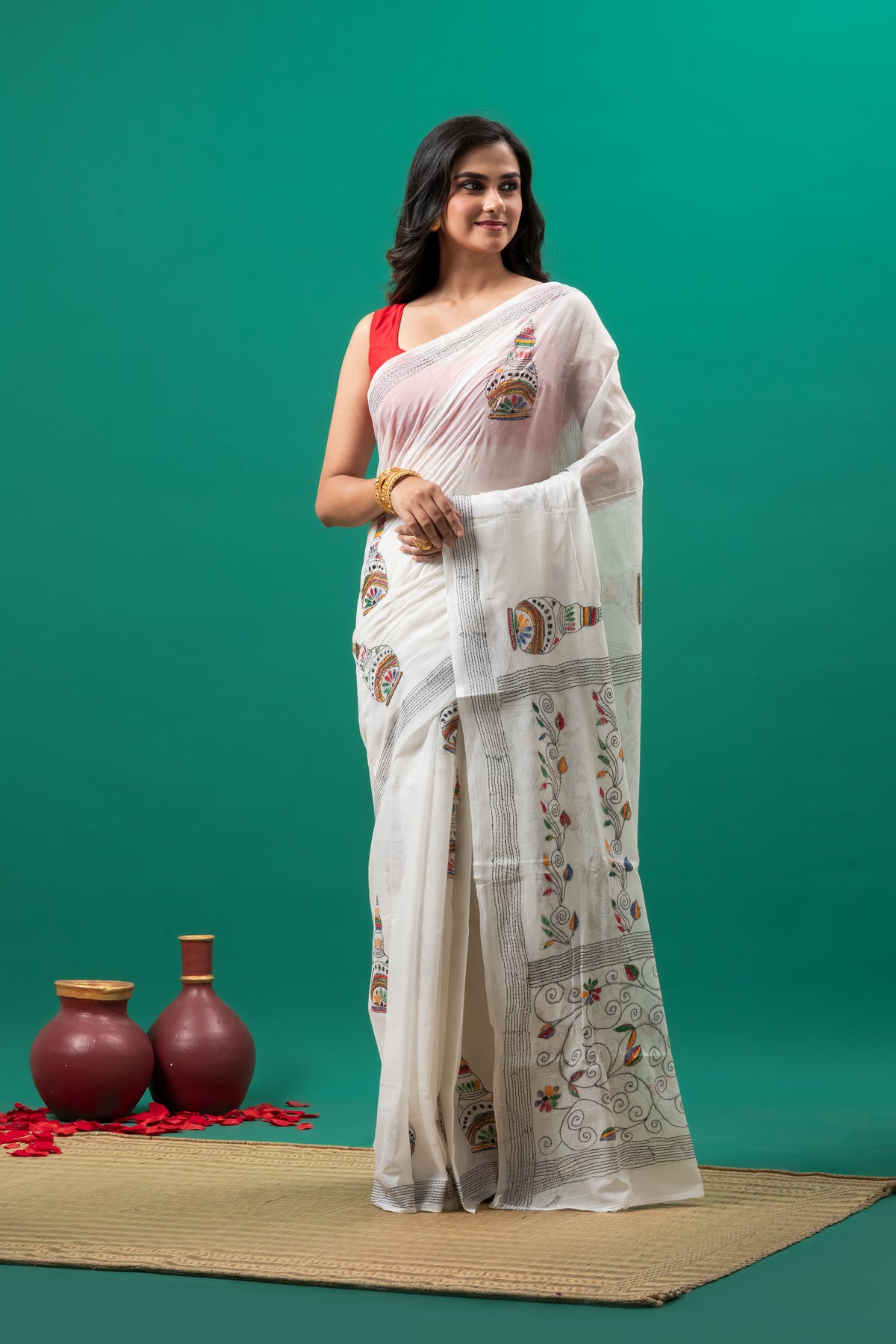 White pure cotton kantha Hand stitch saree