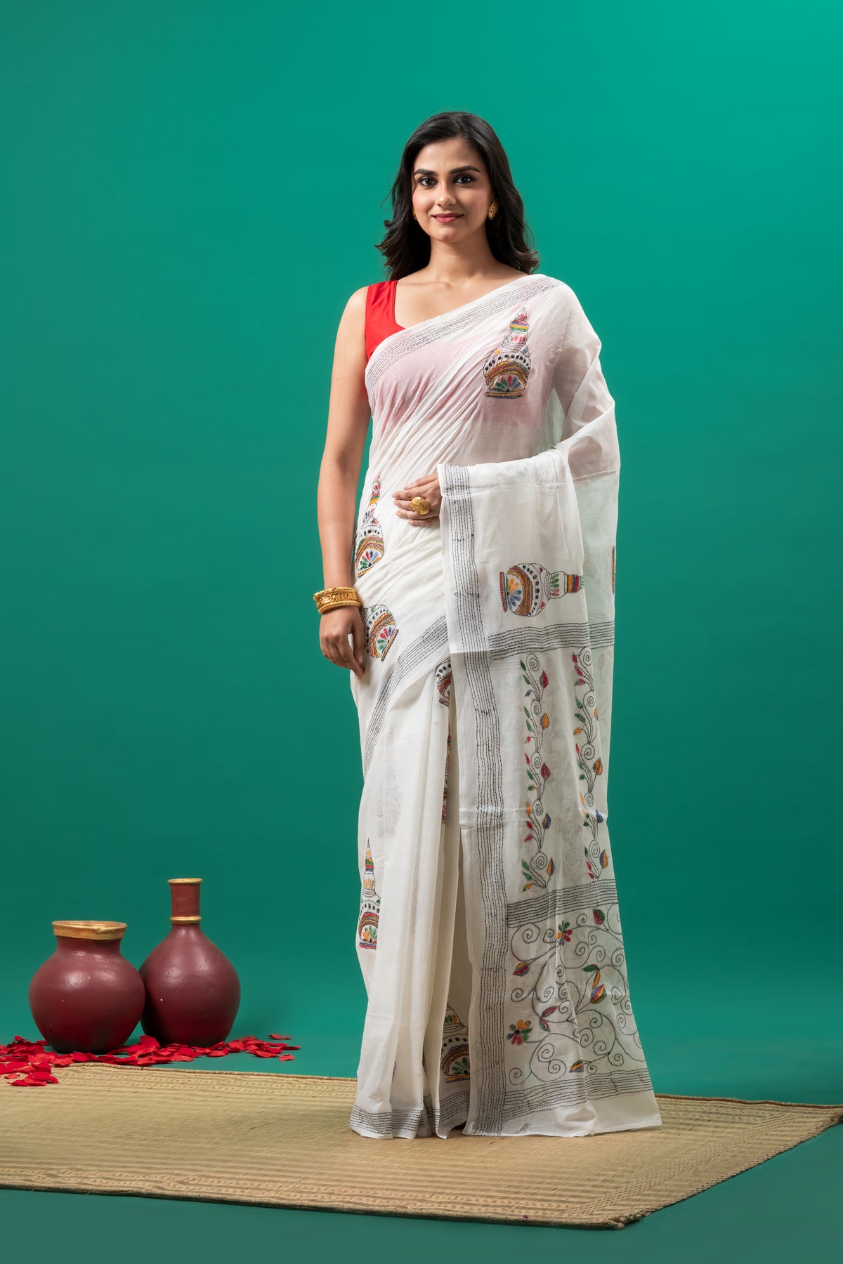 White pure cotton kantha Hand stitch saree
