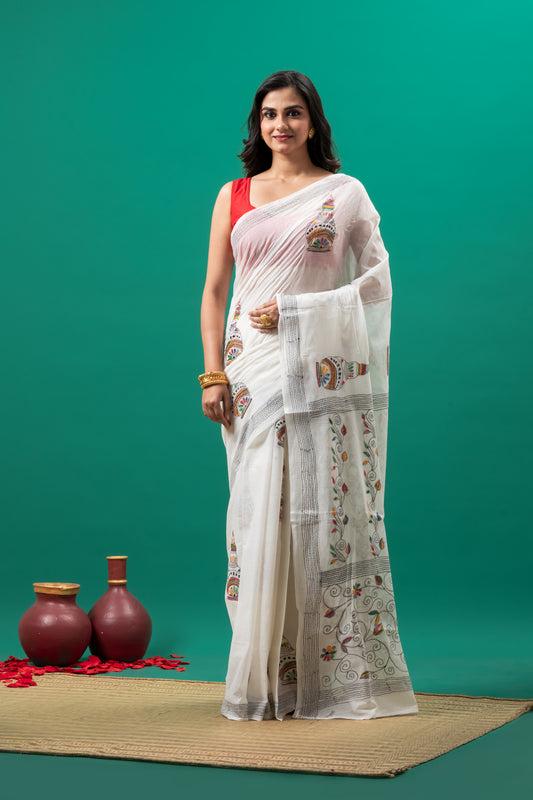 White pure cotton kantha Hand stitch saree