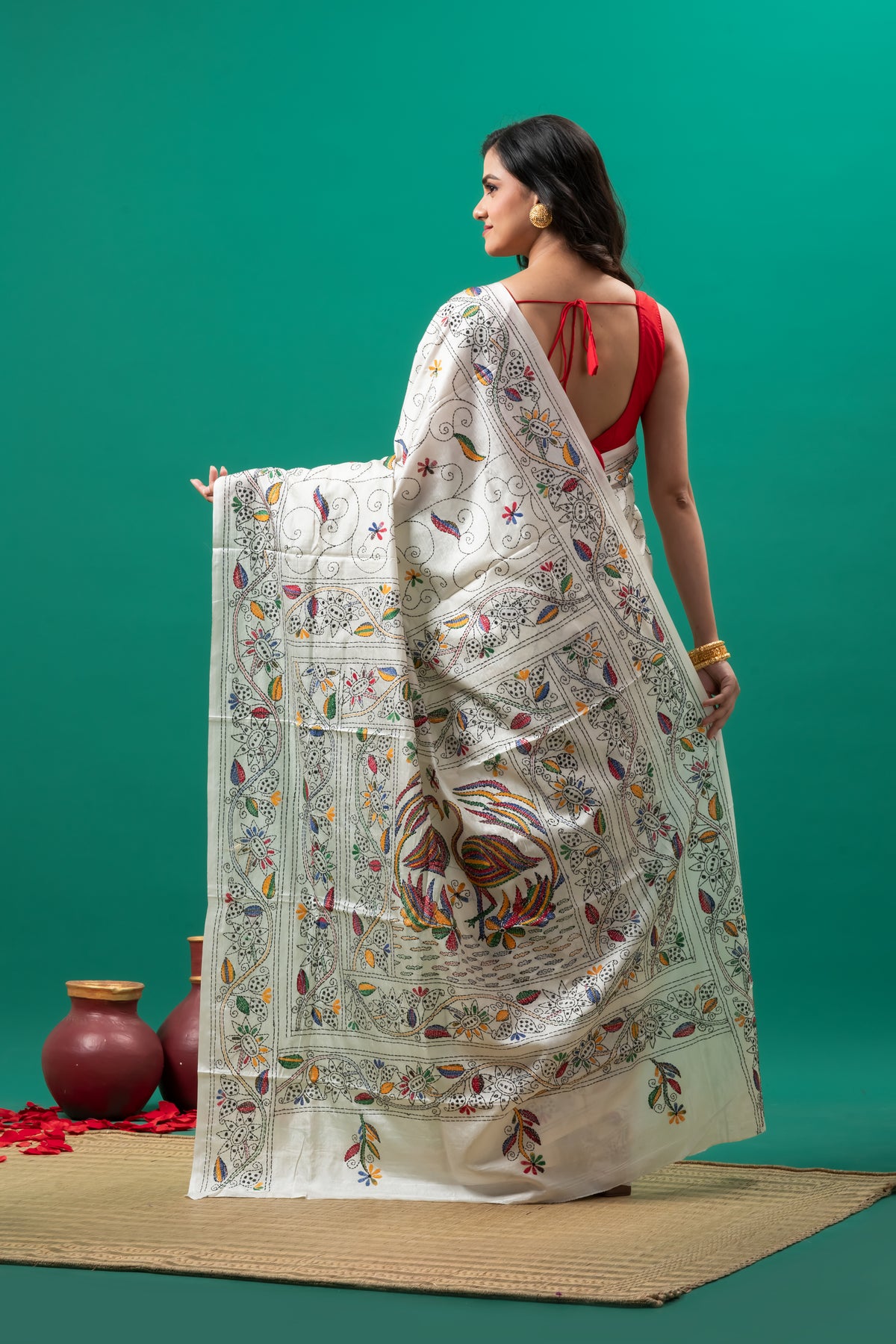 White pure cotton kantha Hand stitch saree