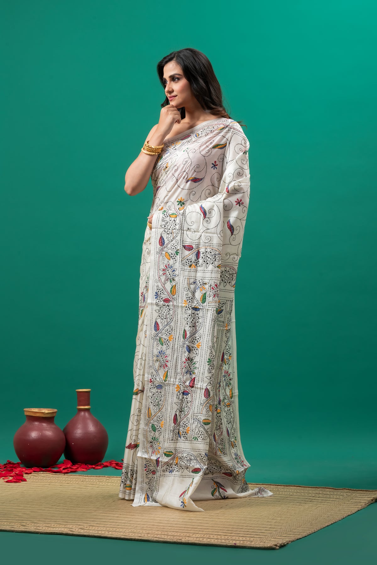 White pure cotton kantha Hand stitch saree