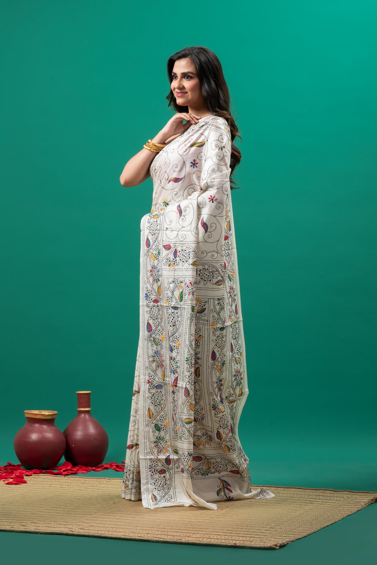 White pure cotton kantha Hand stitch saree