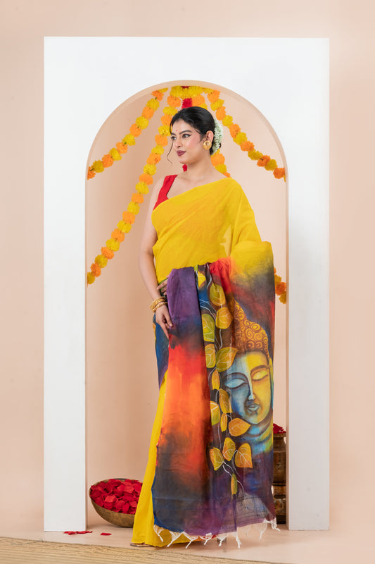 Hand painted  Pure Cotton Dhonekhali Saree