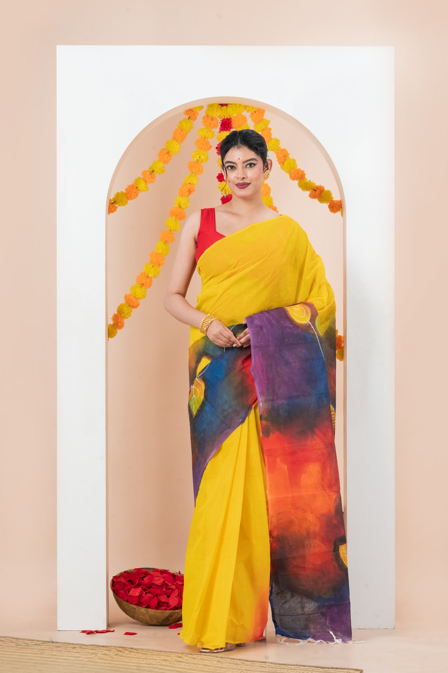 Hand painted  Pure Cotton Dhonekhali Saree