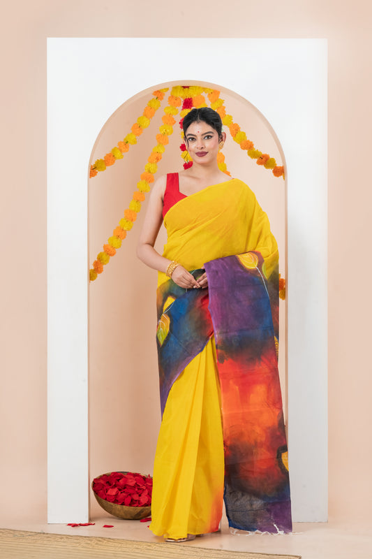 Hand painted  Pure Cotton Dhonekhali Saree