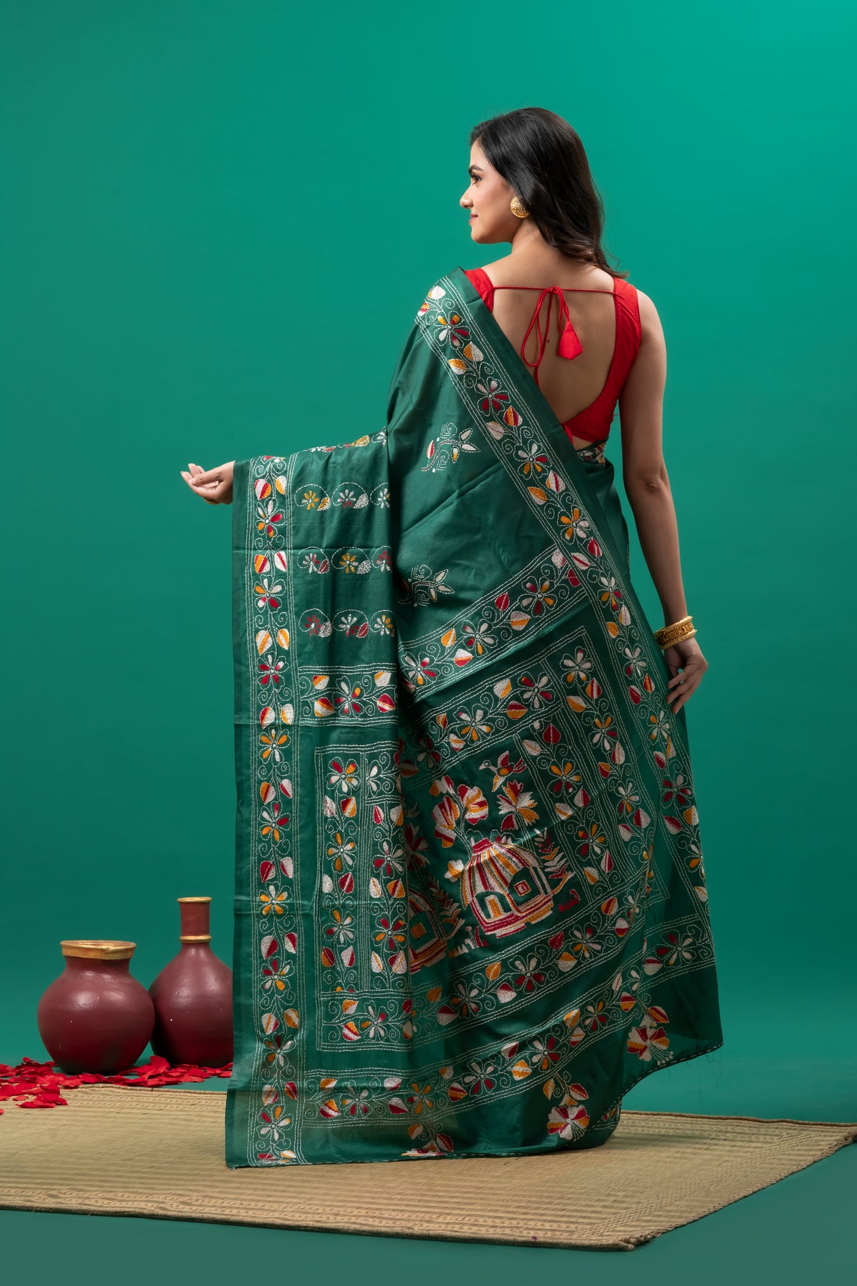 Green hand kantha stitch flower motif saree