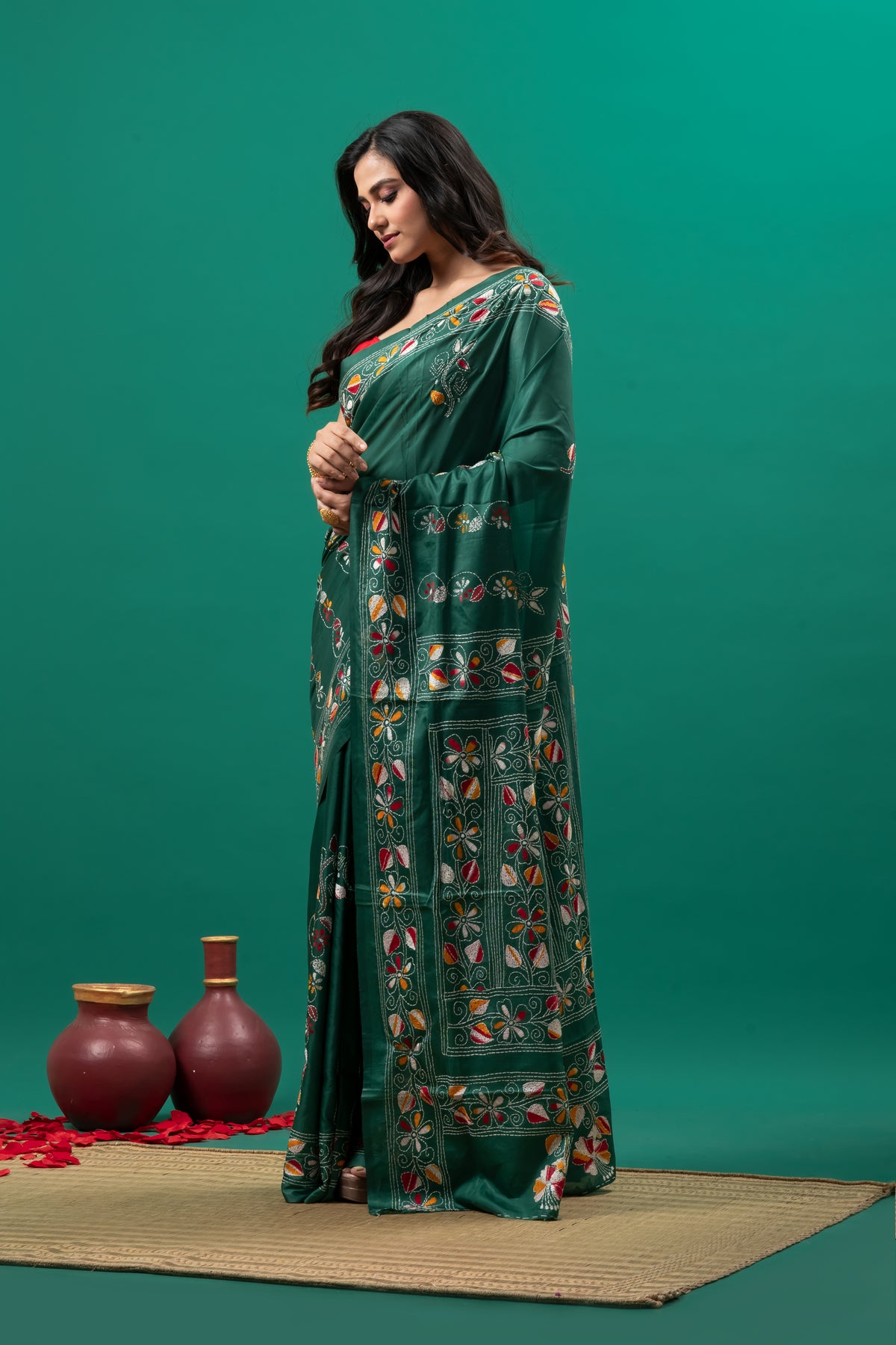 Green hand kantha stitch flower motif saree