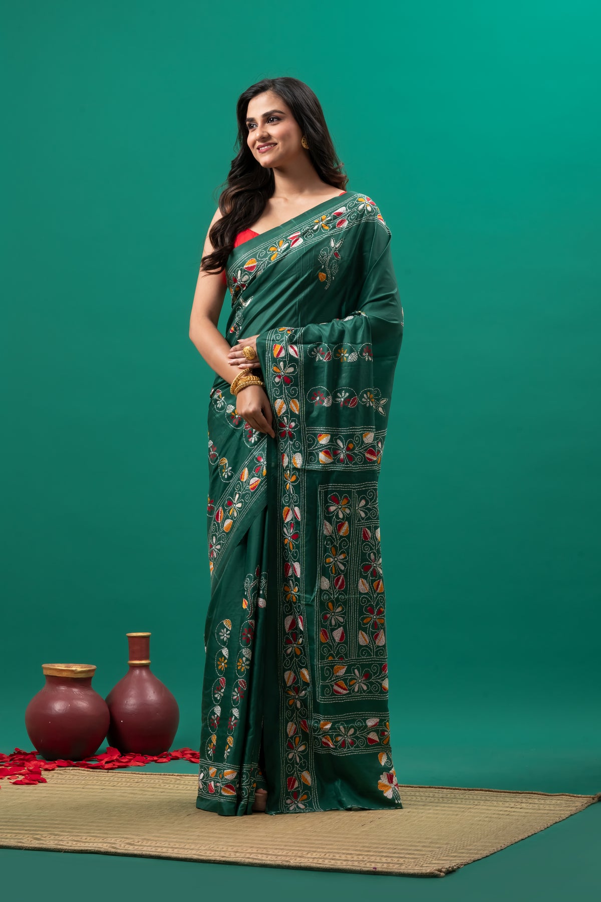 Green hand kantha stitch flower motif saree
