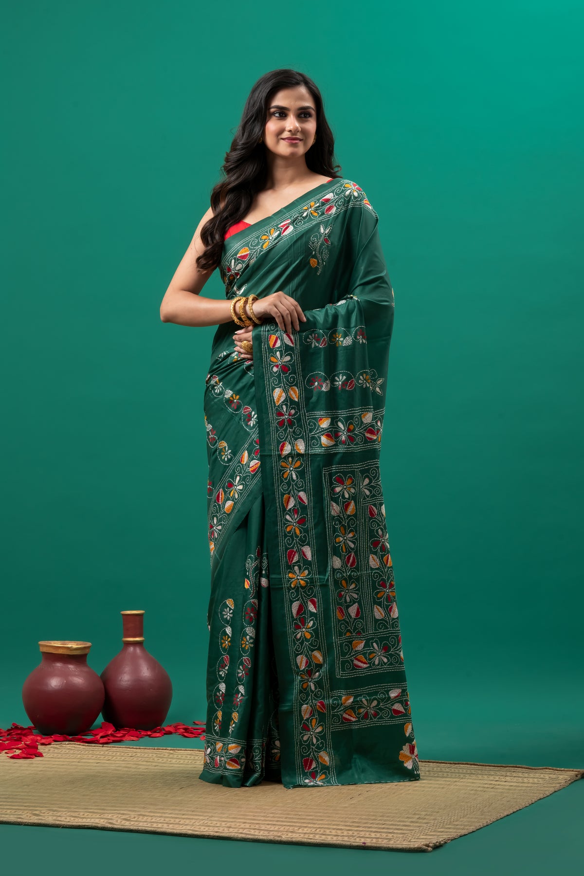 Green hand kantha stitch flower motif saree