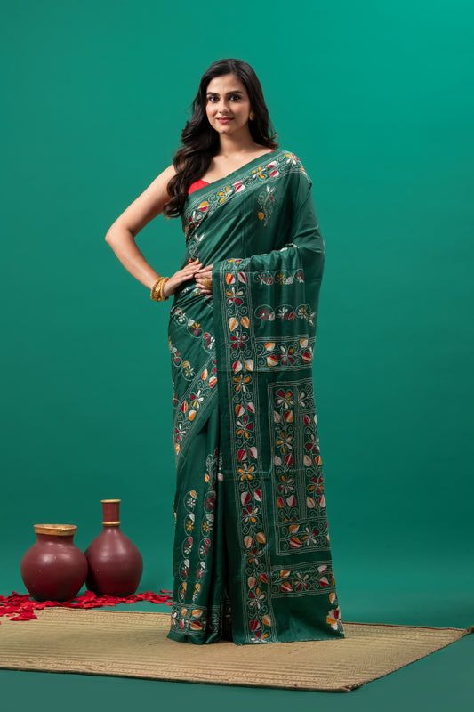 Green hand kantha stitch flower motif saree