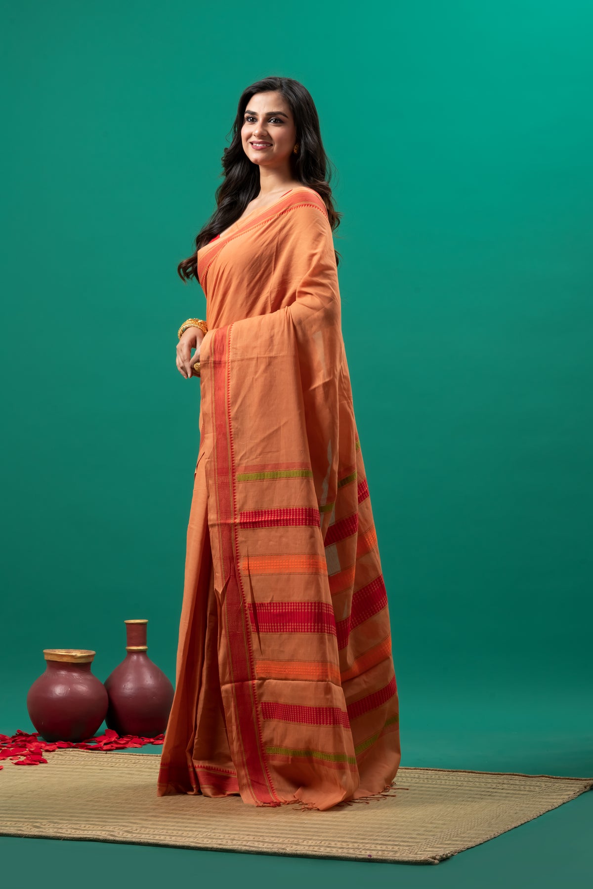 Orange Begumpuri cotton saree