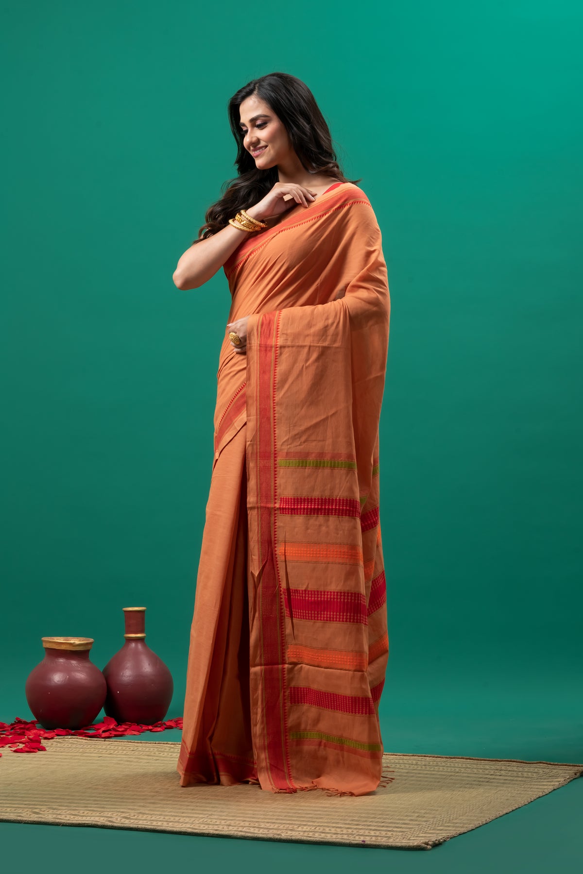 Orange Begumpuri cotton saree