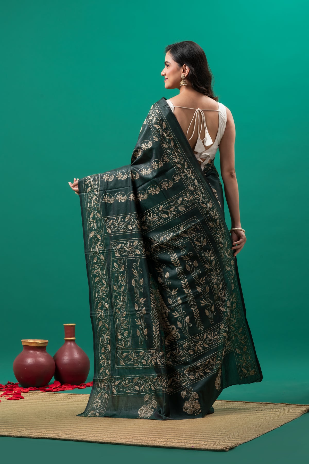 Deep Green Hand Kantha on Blended Bangalore Silk