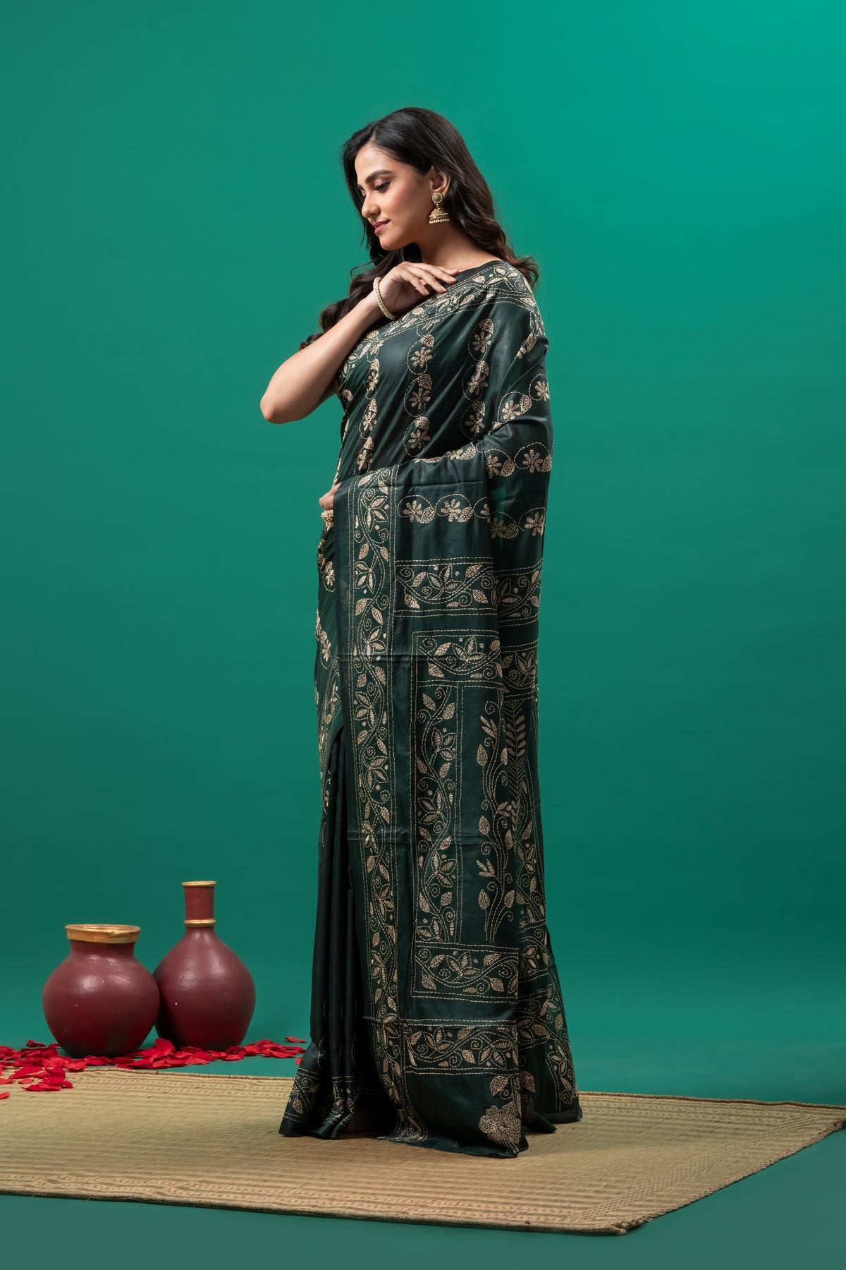Deep Green Hand Kantha on Blended Bangalore Silk