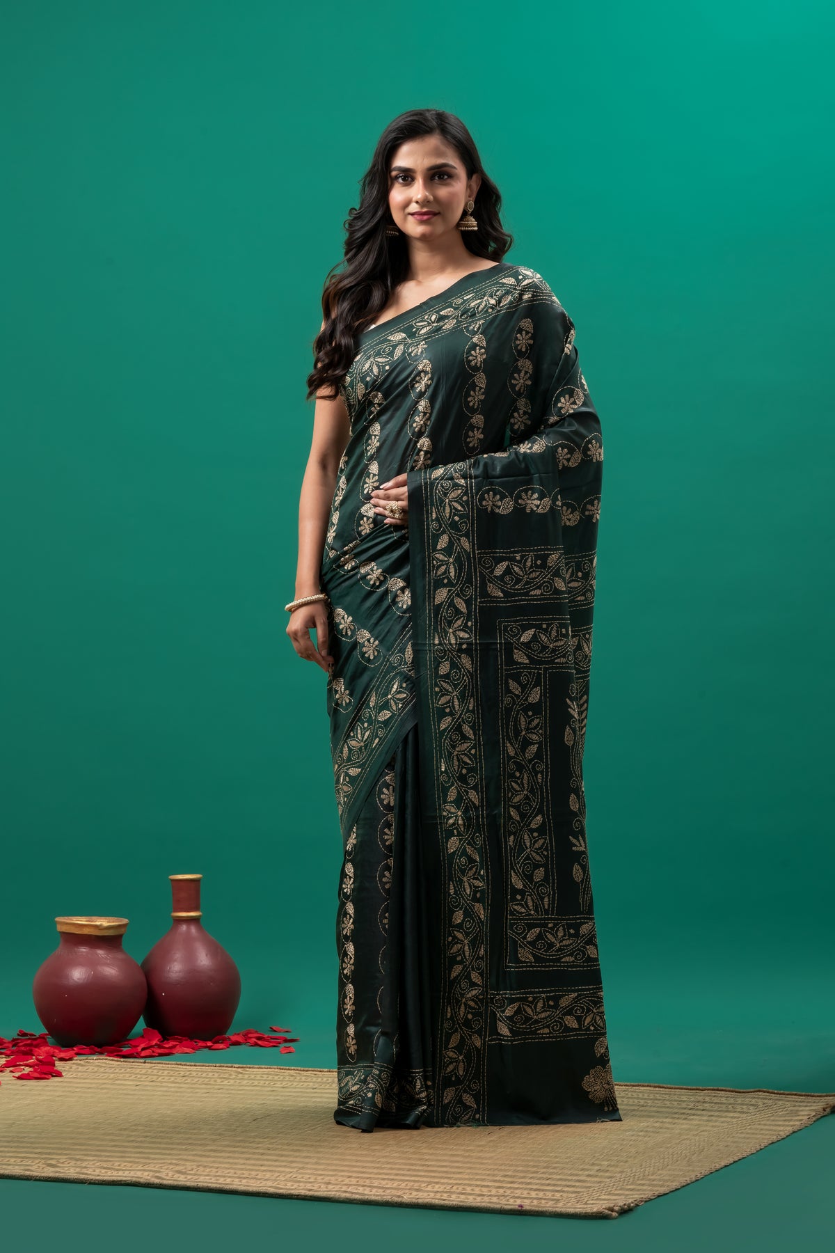 Green hand kantha stitch saree