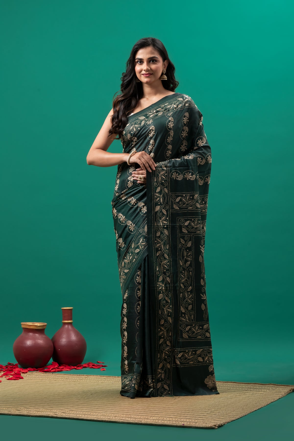 Green hand kantha stitch saree