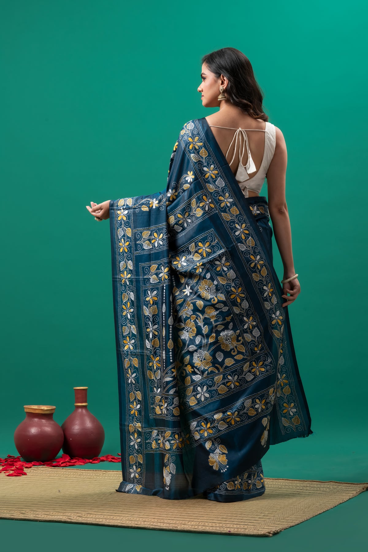 Blue Hand Kantha Saree on Blended Silk