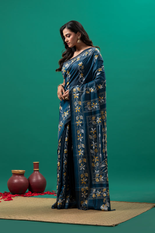 Blue Hand Kantha Saree on Blended Silk