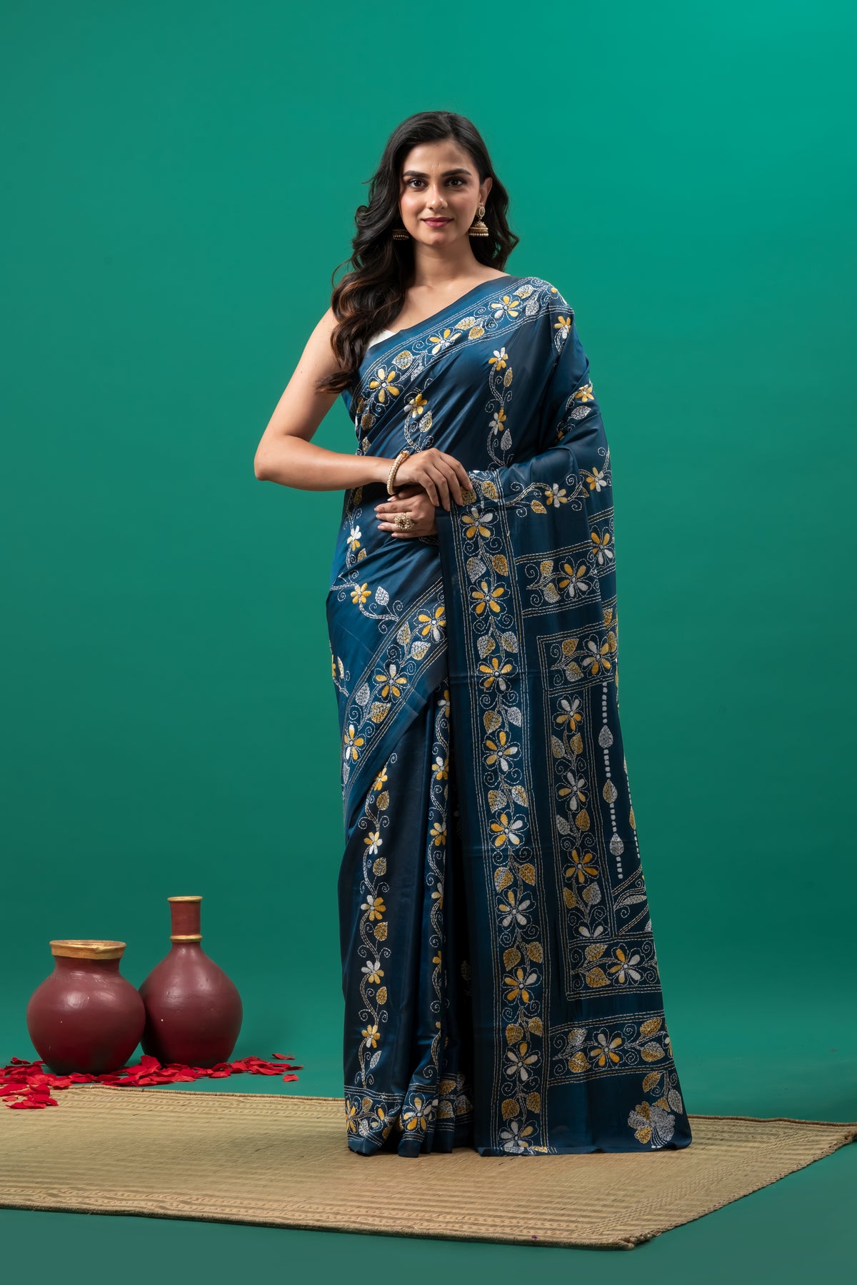 Blue Hand Kantha Saree on Blended Silk