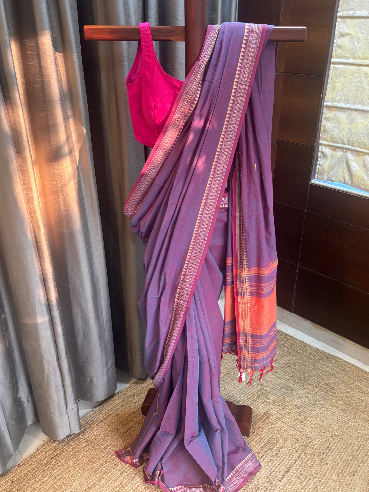 Purple Pure Cotton Dhanekhali Saree