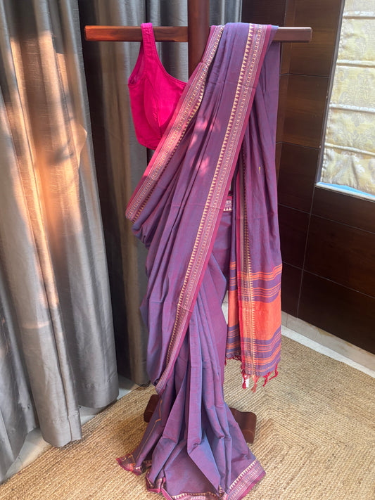 Purple Pure Cotton Dhanekhali Saree