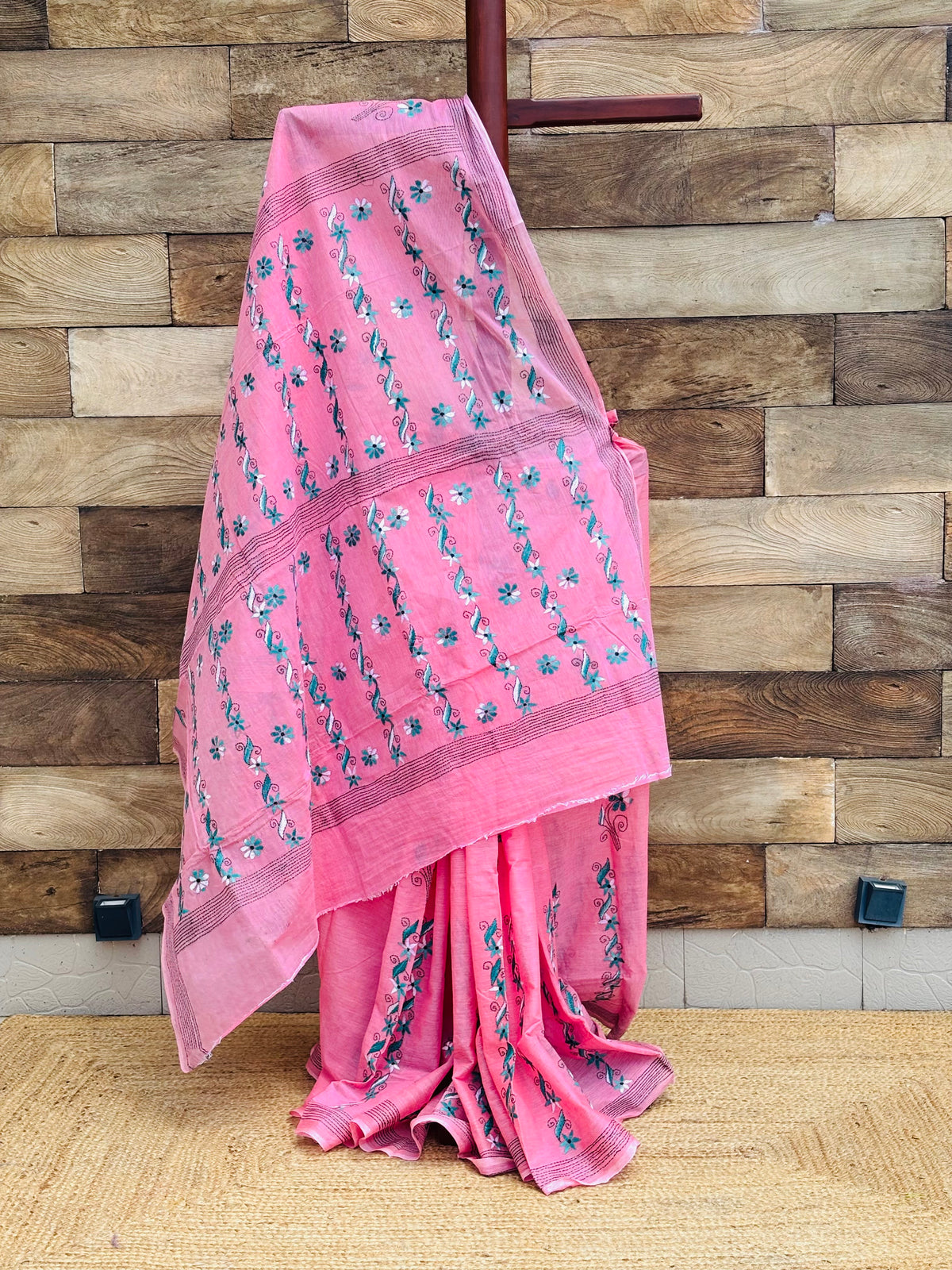Bubble gum pink pure cotton Kantha stitch saree