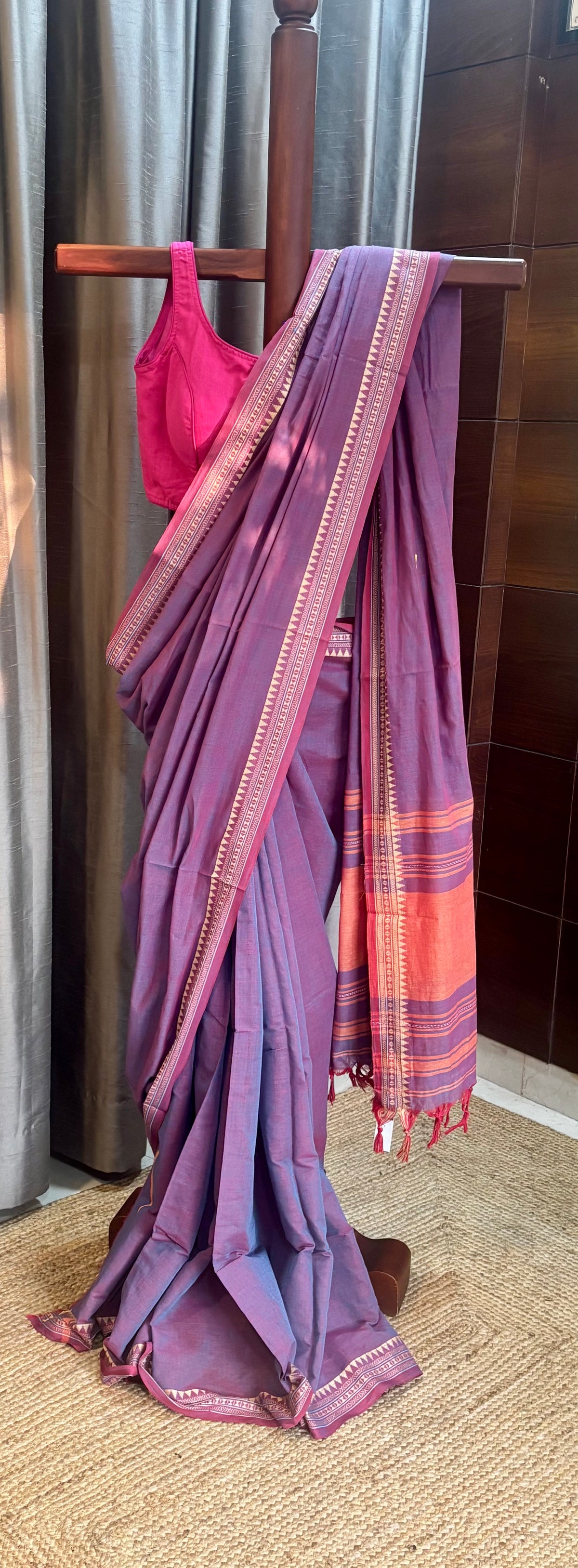 Purple Pure Cotton Dhanekhali Saree