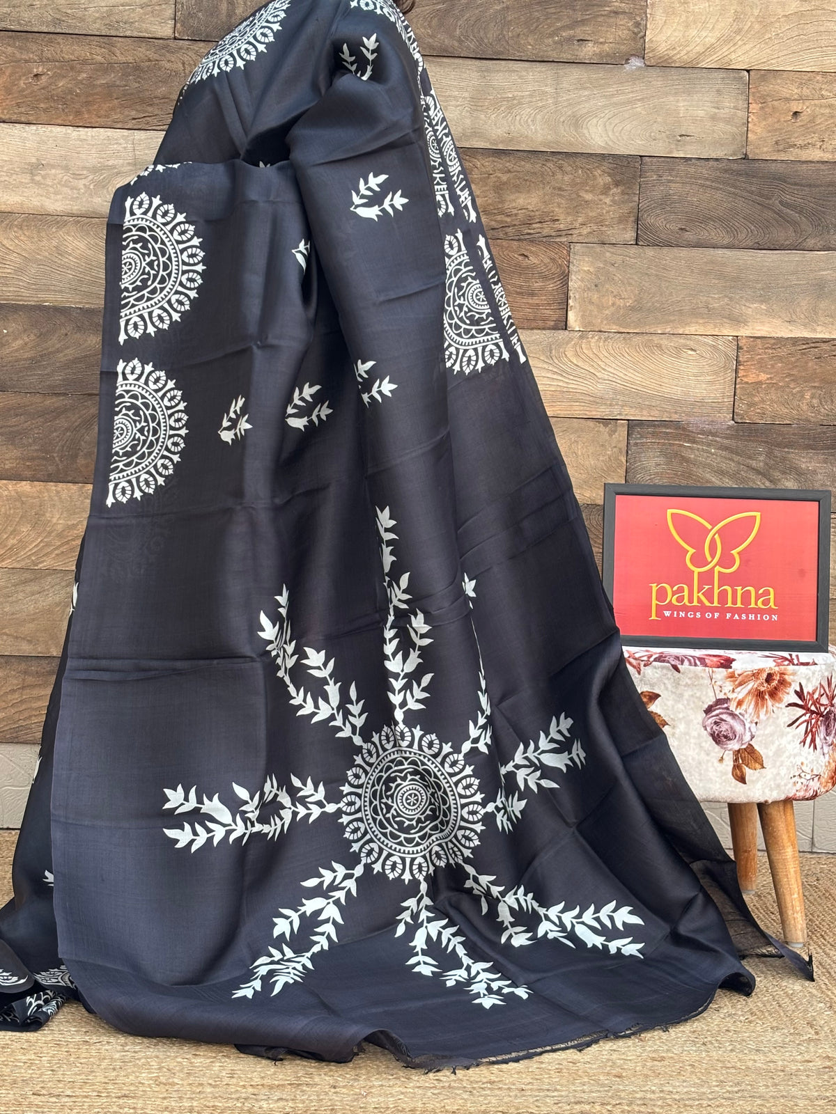 Black Pure Silk Handblock Printed  Saree