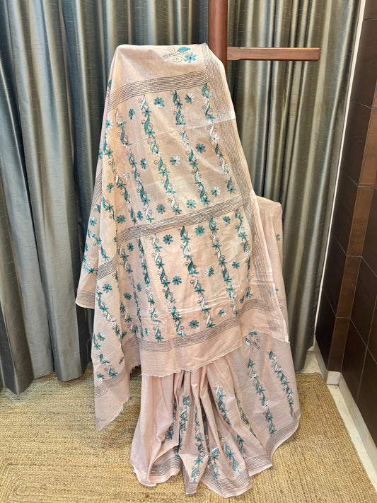 Light Peach Pure Cotton Kantha stitch Saree