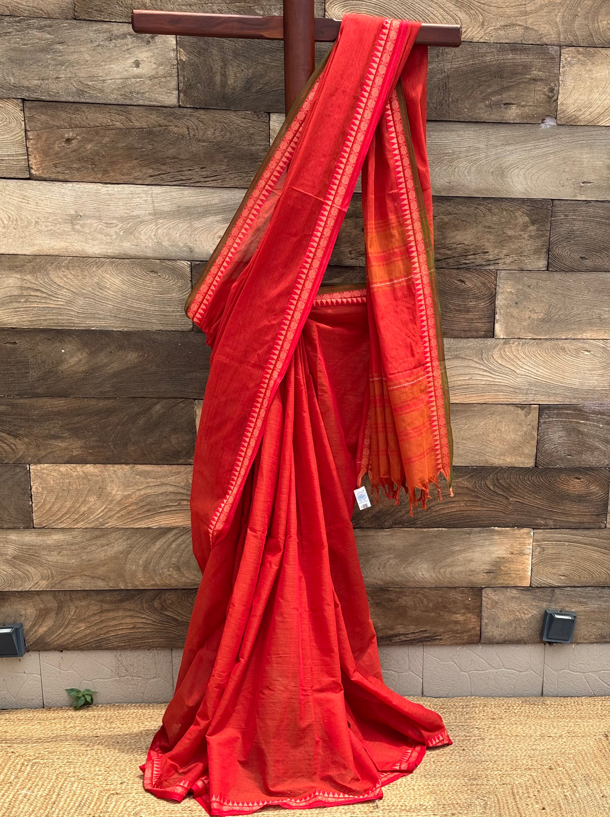 Saffron / Orange Pure Cotton Dhonekhali Saree
