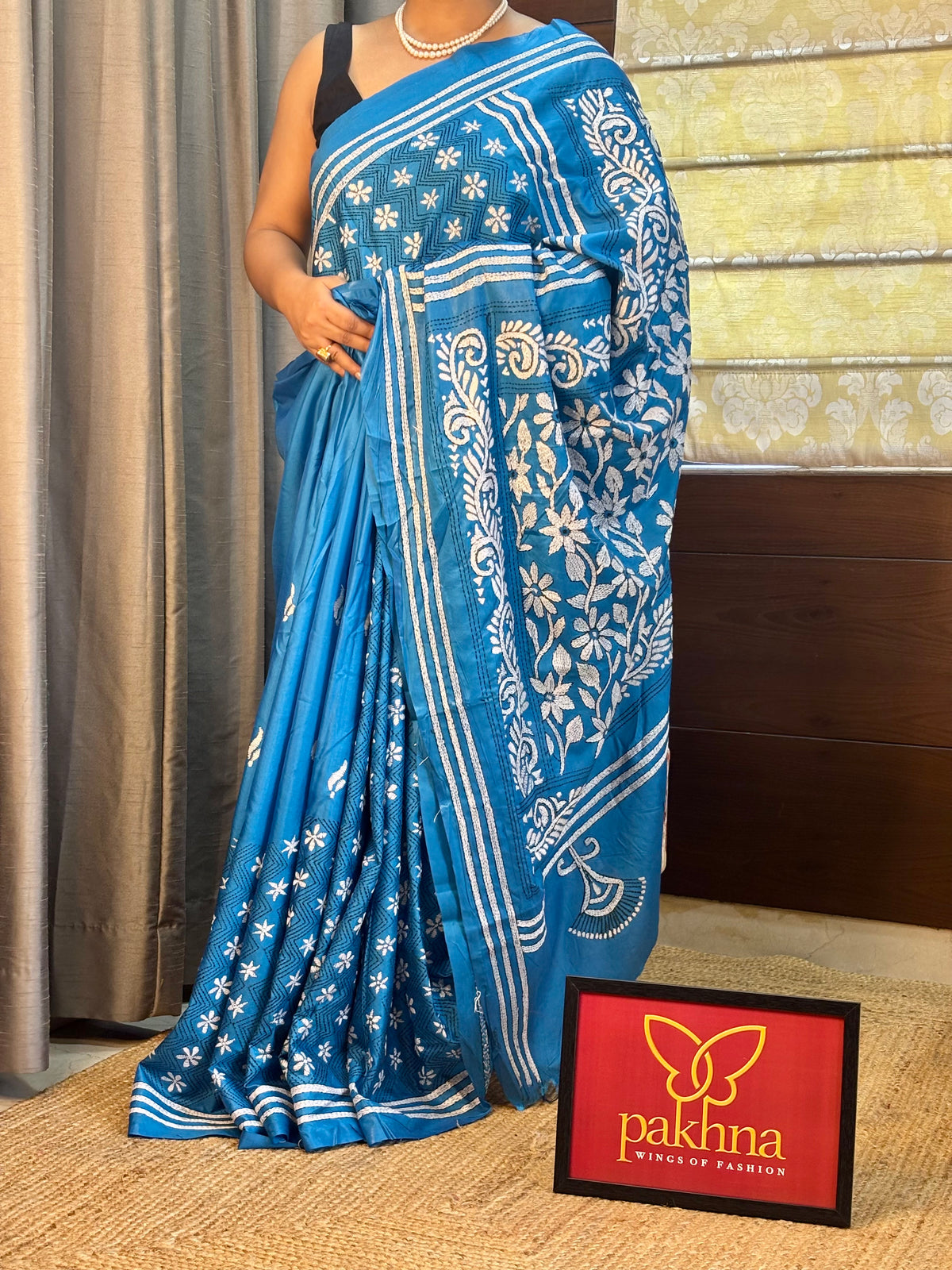 Blue hand Kantha work Saree