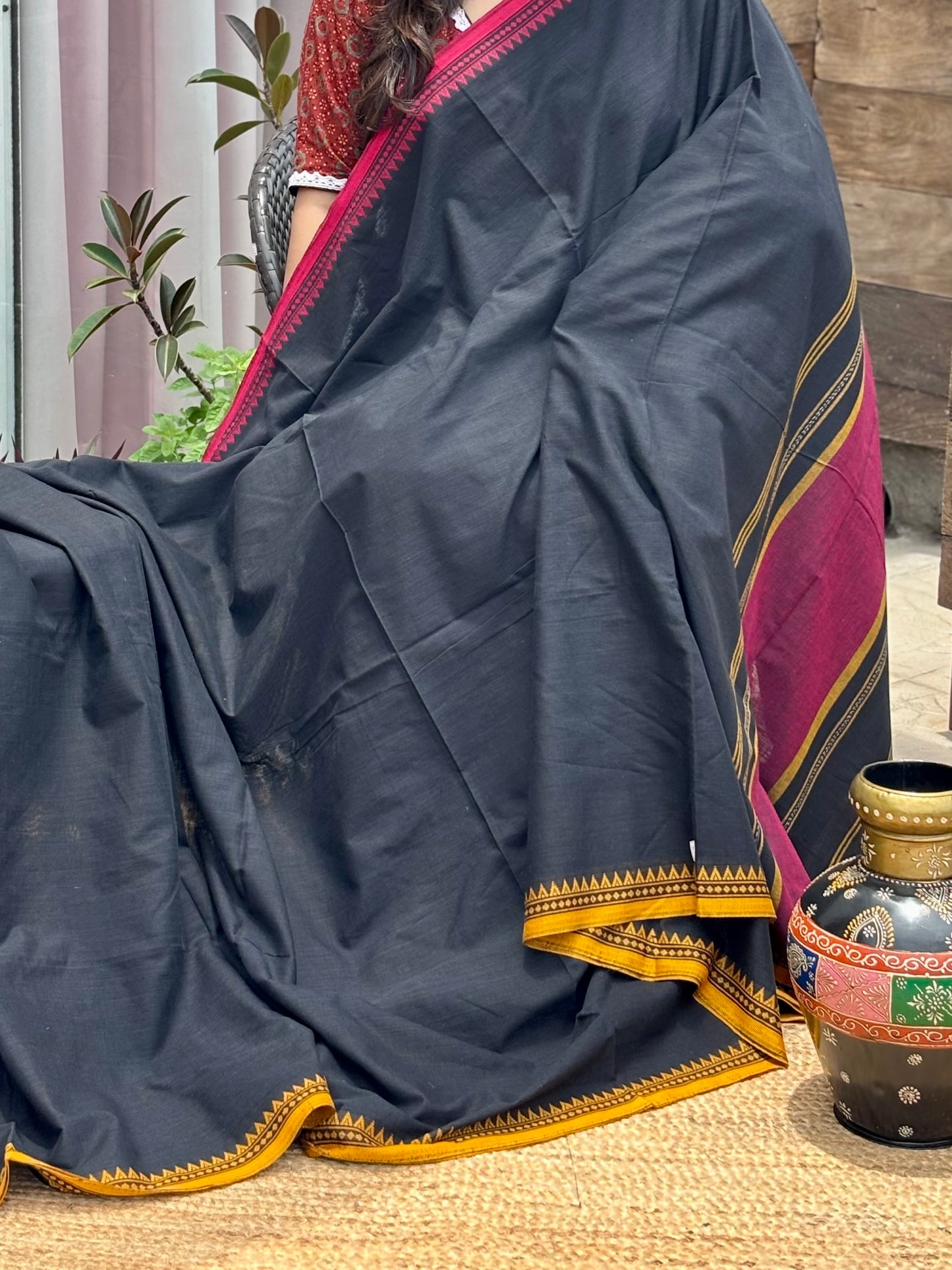 Black  Pure Cotton Dhonekhali Saree