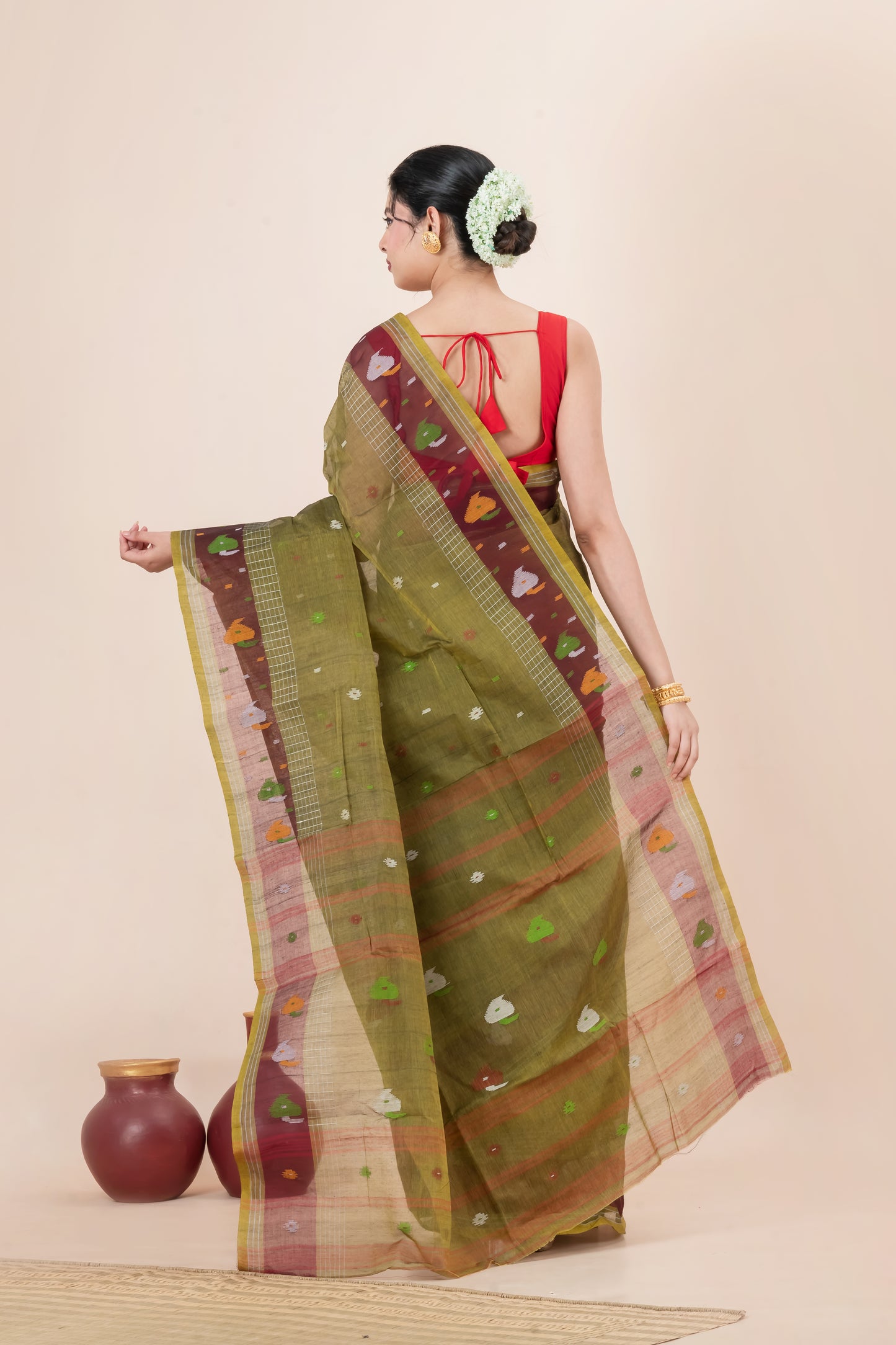 Olive Green Pure Cotton Jamdani Saree