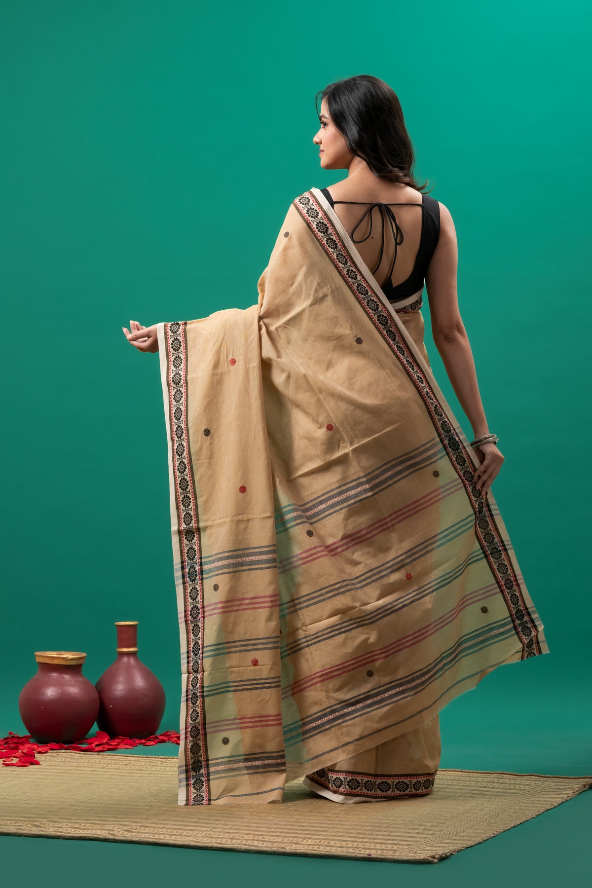 Beige ( Kora) Pure Cotton Handwoven Dhonekhali Saree