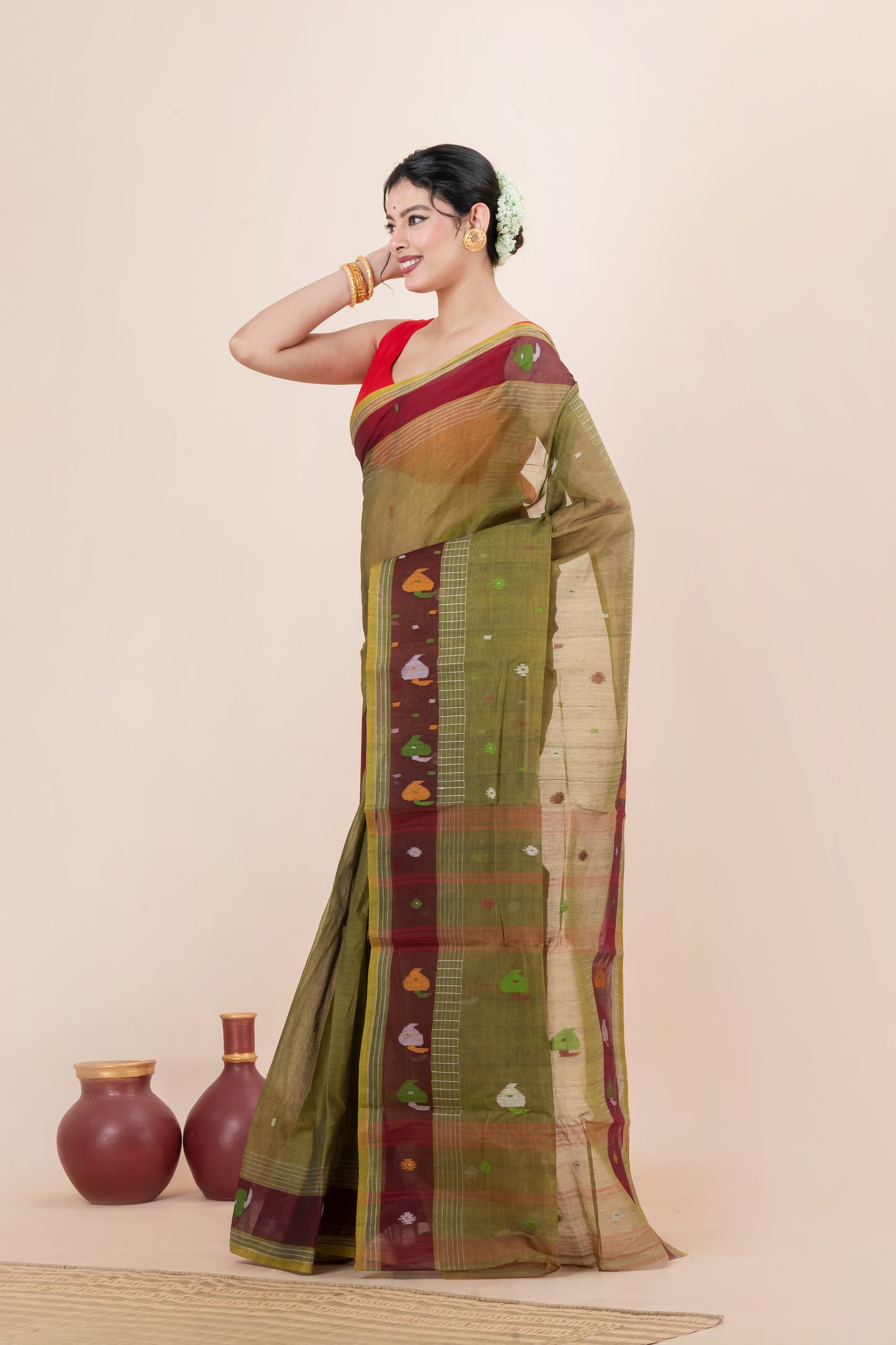 Olive Green Pure Cotton Jamdani Saree