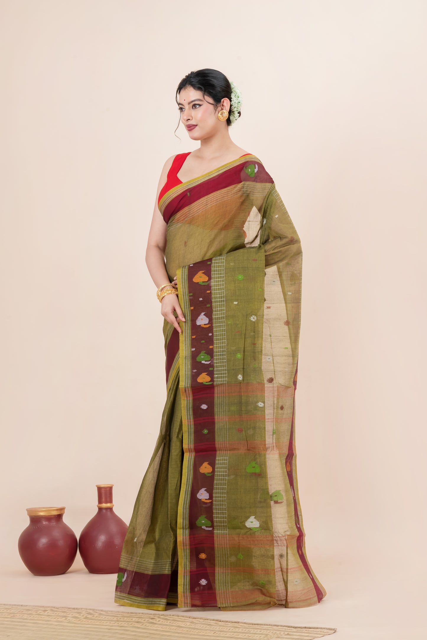 Olive Green Pure Cotton Jamdani Saree