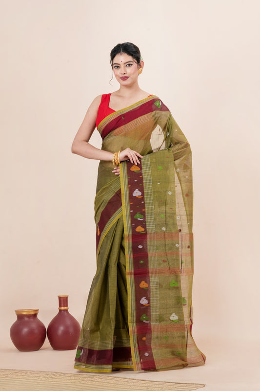 Olive Green Pure Cotton Jamdani Saree