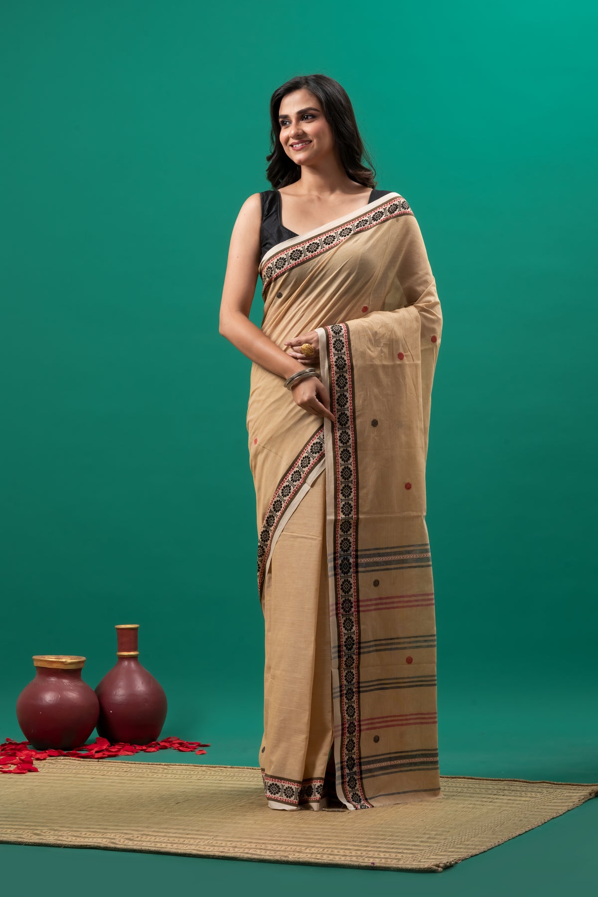 Beige ( Kora) Pure Cotton Handwoven Dhonekhali Saree