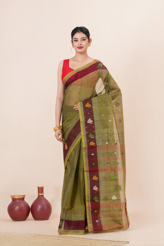 Olive Green Pure Cotton Jamdani Saree